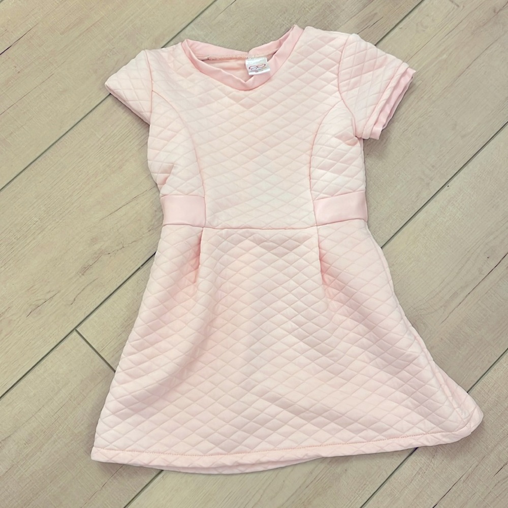 Pink quilted short sleeve dress with back cut out, 3/4T